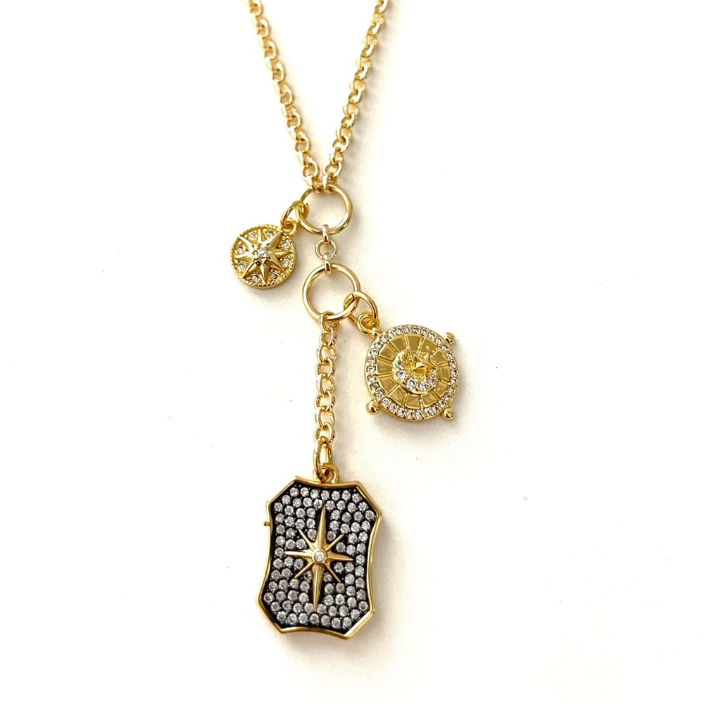 Charm Necklace Chain Lariat North Star Shield Medallion Pendants Black Rhodium